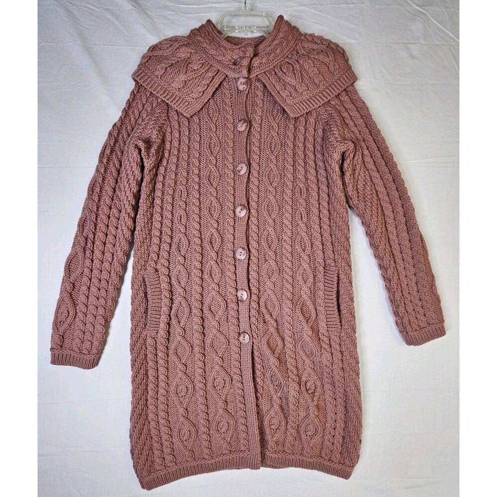 Aran Crafts Coat Women Medium Pink Long Cardigan Sweater Merino Wool Ireland M